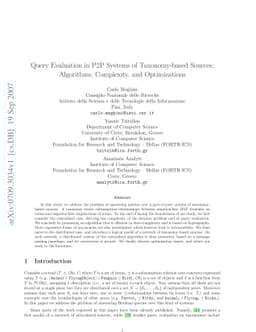Query Evaluation in P2P Systems of Taxonomy-based Sources: Algorithms,
  Complexity, and Optimizations