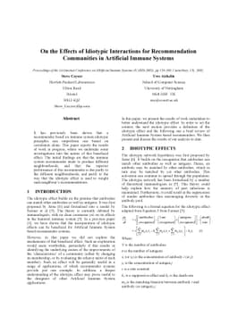 On the Effects of Idiotypic Interactions for Recommendation Communities
  in Artificial Immune Systems