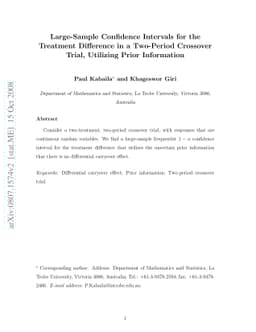 Large-Sample Confidence Intervals for the Treatment Difference in a
  Two-Period Crossover Trial, Utilizing Prior Information