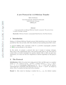 A new Protocol for 1-2 Oblivious Transfer