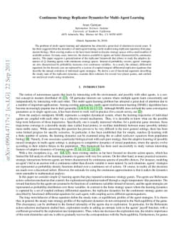 Continuous Strategy Replicator Dynamics for Multi--Agent Learning
