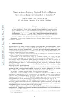 Constructions of Almost Optimal Resilient Boolean Functions on Large
  Even Number of Variables