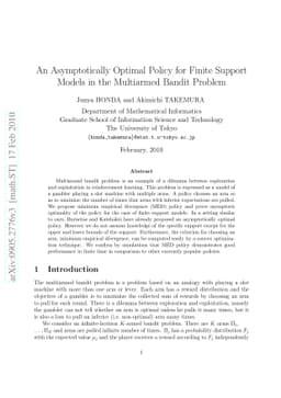 An Asymptotically Optimal Policy for Finite Support Models in the
  Multiarmed Bandit Problem
