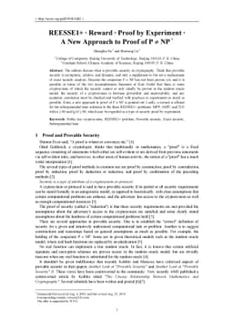 REESSE1+ . Reward . Proof by Experiment . A New Approach to Proof of P
  != NP