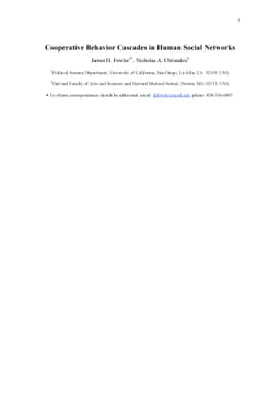 Cooperative Behavior Cascades in Human Social Networks