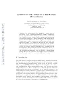 Specification and Verification of Side Channel Declassification