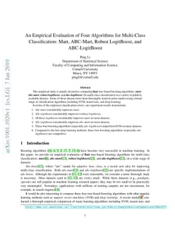 An Empirical Evaluation of Four Algorithms for Multi-Class
  Classification: Mart, ABC-Mart, Robust LogitBoost, and ABC-LogitBoost