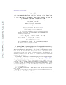 On the Expectation of the First Exit Time of a Nonnegative Markov
  Process Started at a Quasistationary Distribution