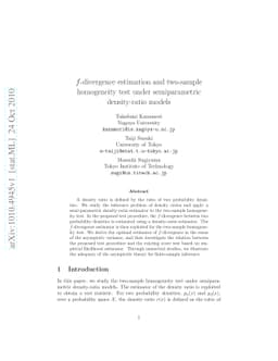f-divergence estimation and two-sample homogeneity test under
  semiparametric density-ratio models