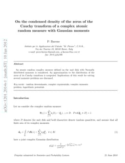 On the condensed density of the zeros of the Cauchy transform of a
  complex atomic random measure with Gaussian moments