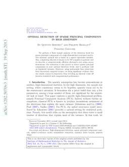 Optimal detection of sparse principal components in high dimension