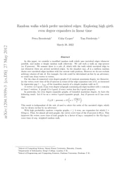 Random walks which prefer unvisited edges. Exploring high girth even
  degree expanders in linear time