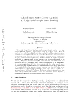 A Randomized Mirror Descent Algorithm for Large Scale Multiple Kernel
  Learning