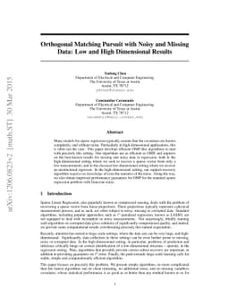 Orthogonal Matching Pursuit with Noisy and Missing Data: Low and High
  Dimensional Results