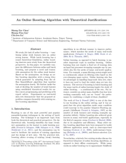 An Online Boosting Algorithm with Theoretical Justifications
