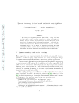 Sparse recovery under weak moment assumptions