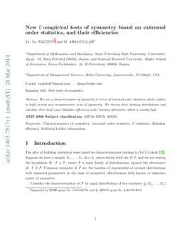 New $U$-empirical tests of symmetry based on extremal order statistics,
  and their efficiencies