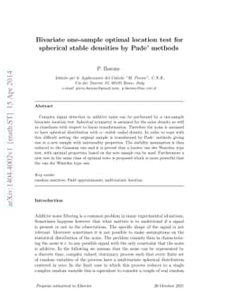 Bivariate one-sample optimal location test for spherical stable
  densities by Pade' methods