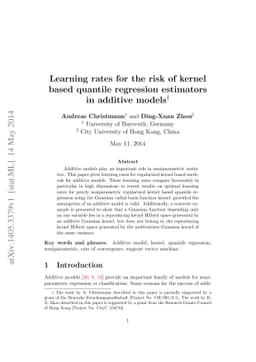 Learning rates for the risk of kernel based quantile regression
  estimators in additive models