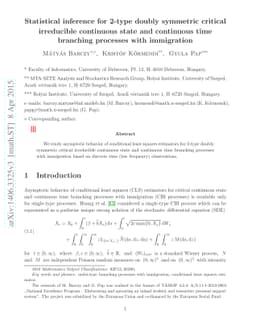 Statistical inference for 2-type doubly symmetric critical irreducible
  continuous state and continuous time branching processes with immigration