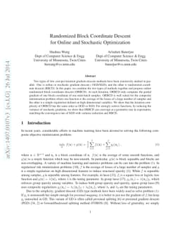 Randomized Block Coordinate Descent for Online and Stochastic
  Optimization