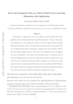 Exact and Asymptotic Tests on a Factor Model in Low and Large Dimensions
  with Applications