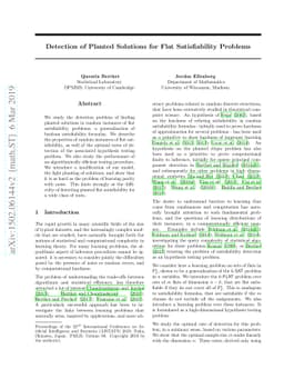 Detection of Planted Solutions for Flat Satisfiability Problems