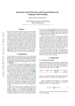 Recurrent Neural Networks with External Memory for Language
  Understanding