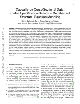 Causality on Cross-Sectional Data: Stable Specification Search in
  Constrained Structural Equation Modeling