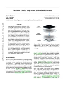 Maximum Entropy Deep Inverse Reinforcement Learning