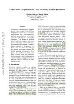 Feature-based Decipherment for Large Vocabulary Machine Translation