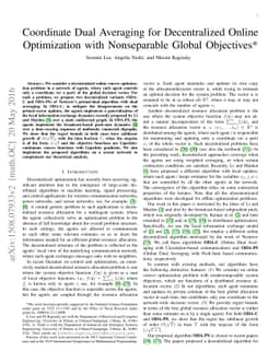 Coordinate Dual Averaging for Decentralized Online Optimization with
  Nonseparable Global Objectives