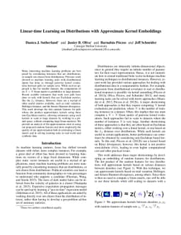 Linear-time Learning on Distributions with Approximate Kernel Embeddings