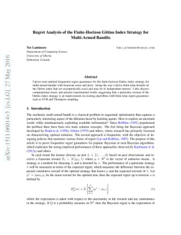 Regret Analysis of the Finite-Horizon Gittins Index Strategy for
  Multi-Armed Bandits