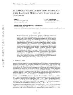 BlackOut: Speeding up Recurrent Neural Network Language Models With Very
  Large Vocabularies