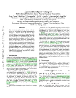 Agreement-based Joint Training for Bidirectional Attention-based Neural
  Machine Translation