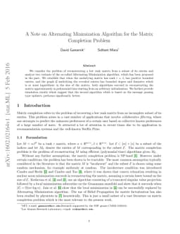 A Note on Alternating Minimization Algorithm for the Matrix Completion
  Problem