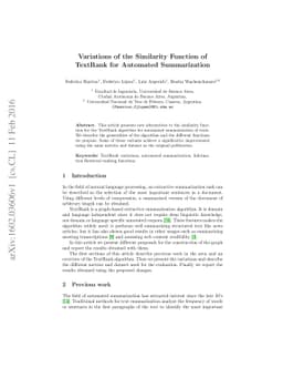 Variations of the Similarity Function of TextRank for Automated
  Summarization