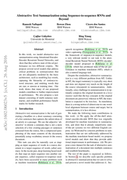 Abstractive Text Summarization Using Sequence-to-Sequence RNNs and
  Beyond