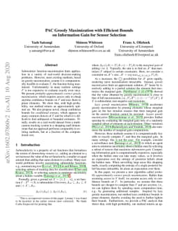 Probably Approximately Correct Greedy Maximization with Efficient Bounds
  on Information Gain for Sensor Selection