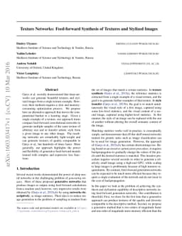 Texture Networks: Feed-forward Synthesis of Textures and Stylized Images