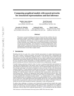 Composing graphical models with neural networks for structured
  representations and fast inference