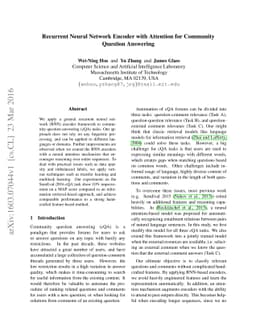 Recurrent Neural Network Encoder with Attention for Community Question
  Answering