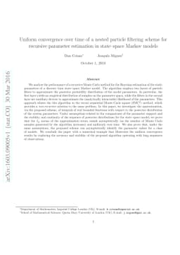 Uniform convergence over time of a nested particle filtering scheme for
  recursive parameter estimation in state--space Markov models