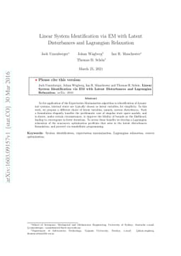 Linear System Identification via EM with Latent Disturbances and
  Lagrangian Relaxation
