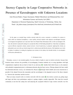 Secrecy Capacity in Large Cooperative Networks in Presence of
  Eavesdroppers with Unknown Locations