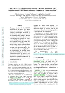 The AMU-UEDIN Submission to the WMT16 News Translation Task:
  Attention-based NMT Models as Feature Functions in Phrase-based SMT