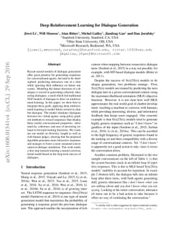 Deep Reinforcement Learning for Dialogue Generation