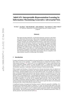 InfoGAN: Interpretable Representation Learning by Information Maximizing
  Generative Adversarial Nets
