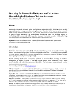 Learning for Biomedical Information Extraction: Methodological Review of
  Recent Advances